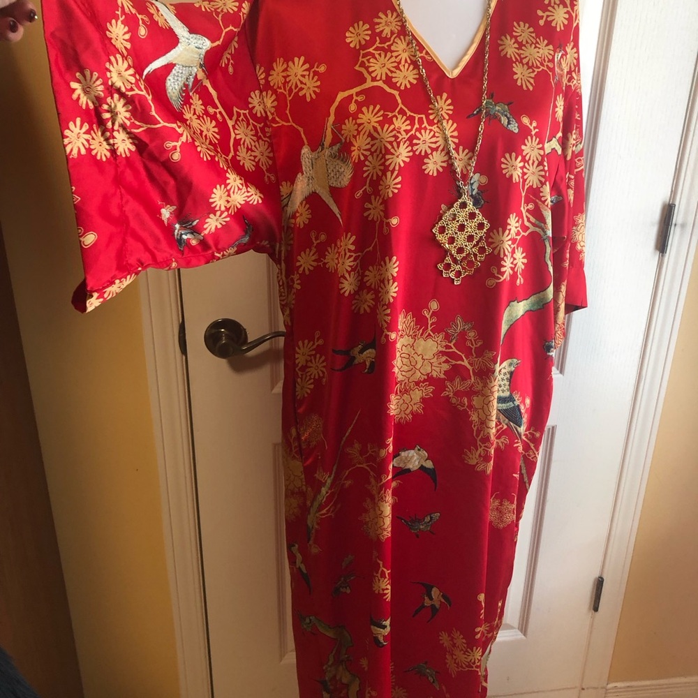 Natori Red Maxi Dress with Gold Floral & Bird Motif